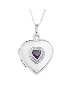 Sterling Silver Purple CZ Heart Locket on 18” Curb Chain