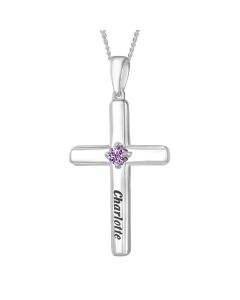 Sterling Silver Personalised Birthstone Cubic Zirconia Cross Pendant on 18" Curb Chain