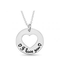 Sterling Silver 'I Love You' Cut Out Heart Disc Necklet On 18" Macro Belcher Chain