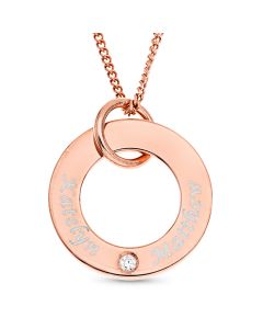 Rose Gold Plated Silver Personalised Two Names And CZ Set Circle Pendant On 18" Curb Chain