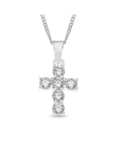 Sterling Silver Cubic Zirconia Small Cross Pendant On 18" Curb Chain