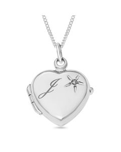 Rhodium Plated Silver Personalised One Initial Diamond Set Heart Locket On 18" Curb Chain