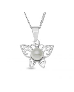 Rhodium Plated Silver Freshwater Pearl Set Butterfly Pendant On 18" Curb Chain
